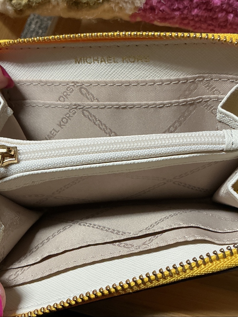 Michael Kors Yellow Pebbled Leather Zip Card Wallet with Brown and Cream Stripes - Picture 8 of 8